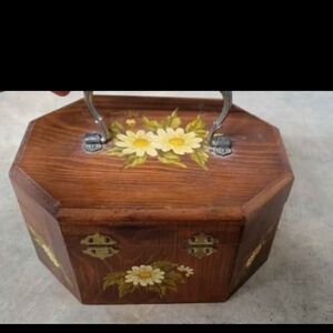 Wood Floral Jewelry Box with Handle - Brown & Yellow. Pat Elam. Vintage